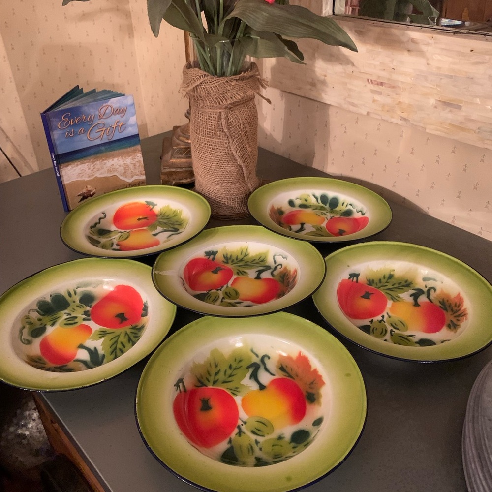 Vintage ENAMELWARE, Fruit pattern. 6 bowls, Salad or Cereal sold as 1 set.